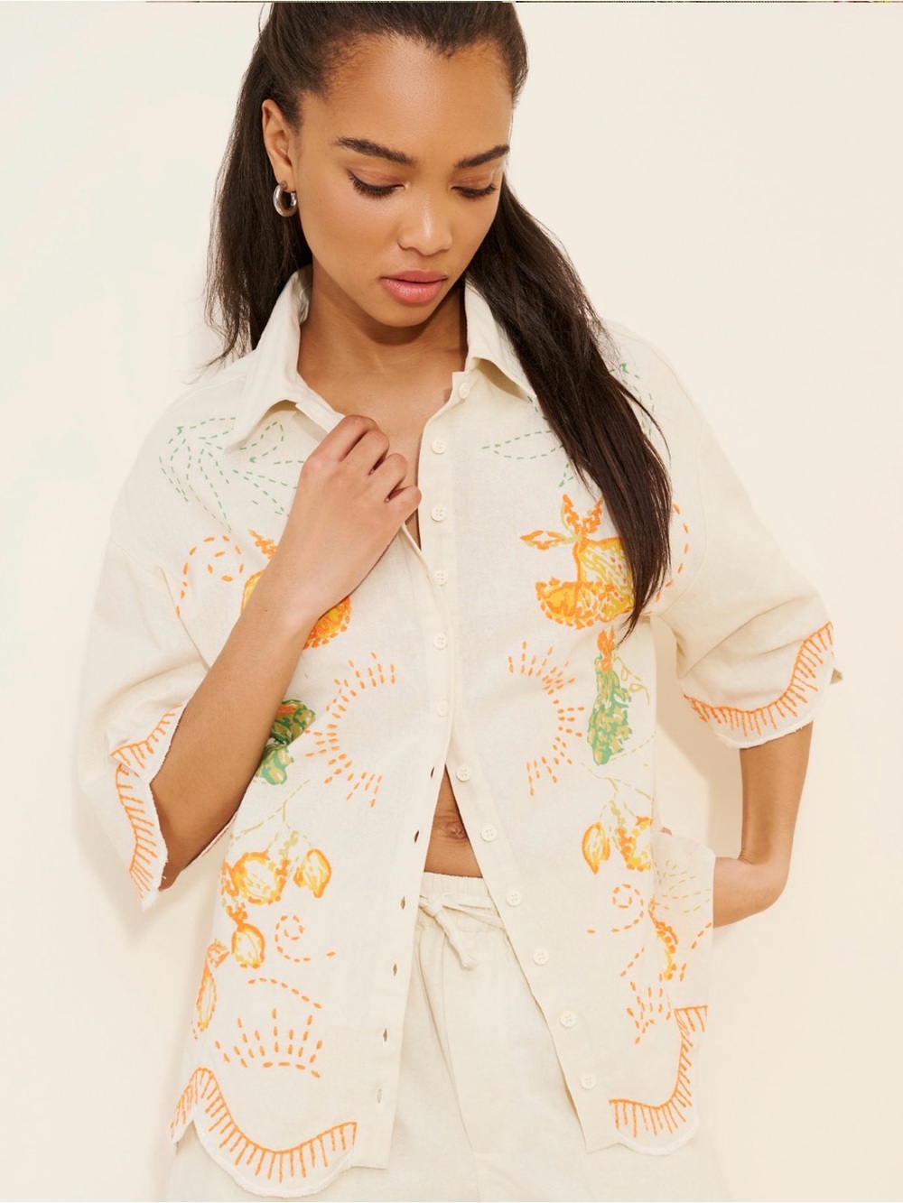 NATIVE YOUTH Cream Button-Down Shirt with Orange & Green Embroidery